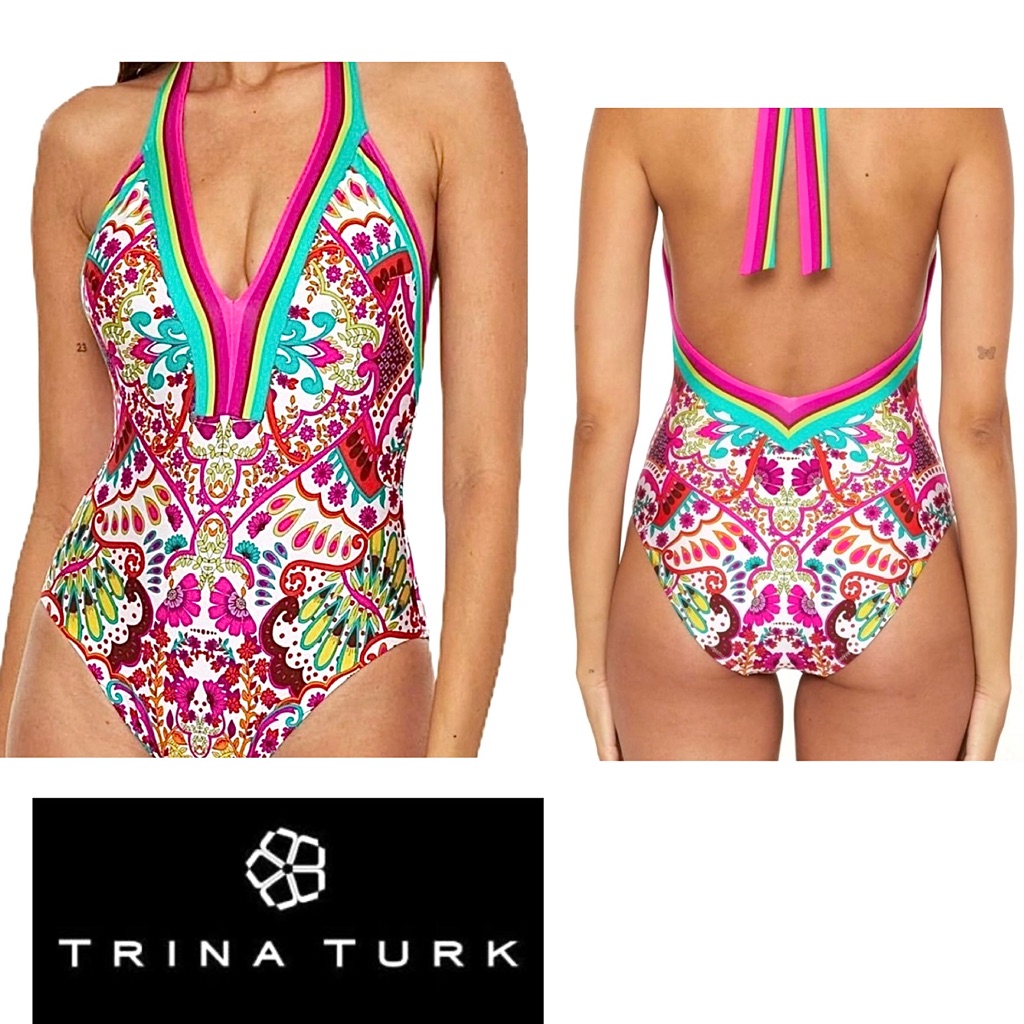 Trina Turk, Size 6, Swimsuit, One Piece, Bright Colorful, Plunge, Halter, Nwt!